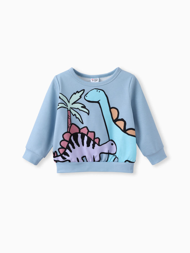 Ensemble 2 pièces pour bébé garçon, sweat-shirt et pantalon imprimé dinosaure/véhicule, bleu et gris