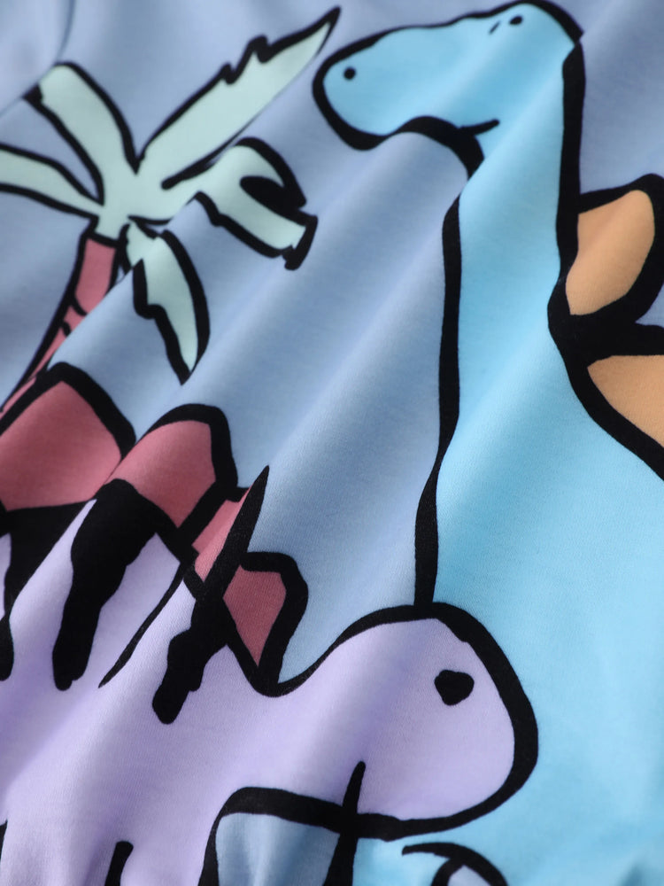 Ensemble 2 pièces pour bébé garçon, sweat-shirt et pantalon imprimé dinosaure/véhicule, bleu et gris