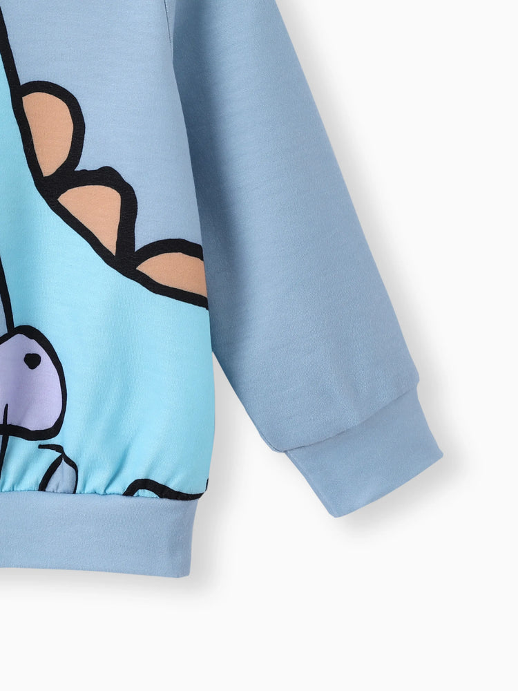 Ensemble 2 pièces pour bébé garçon, sweat-shirt et pantalon imprimé dinosaure/véhicule, bleu et gris