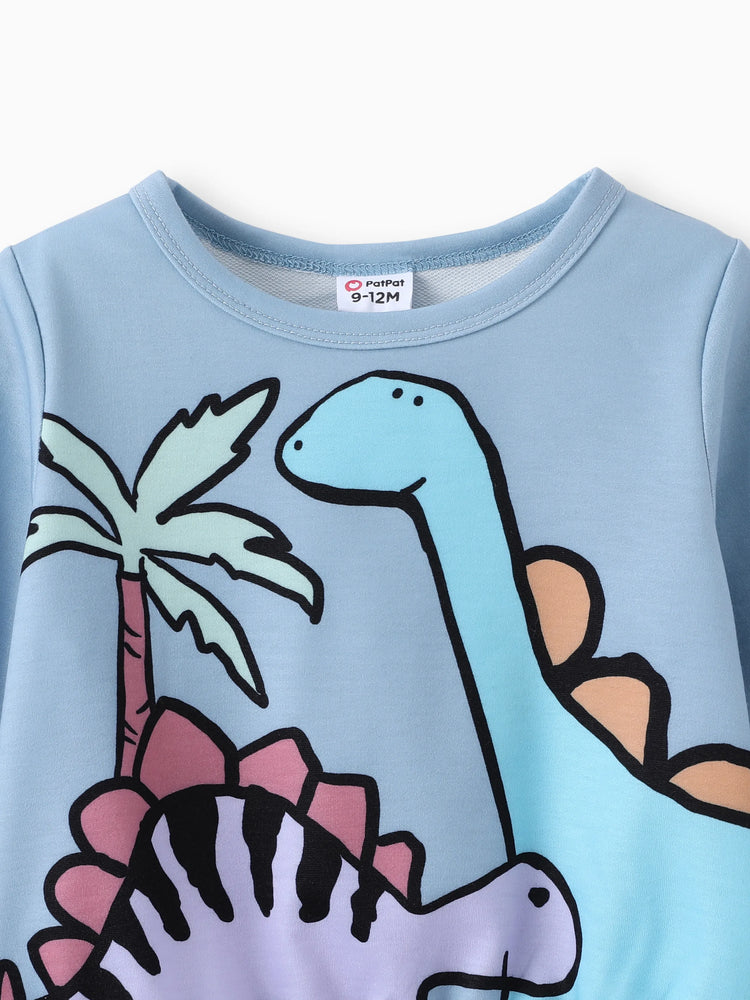 Ensemble 2 pièces pour bébé garçon, sweat-shirt et pantalon imprimé dinosaure/véhicule, bleu et gris