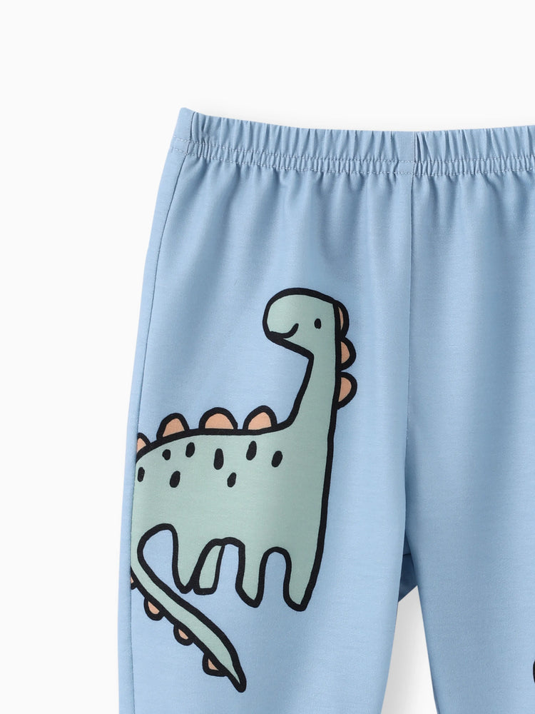 Ensemble 2 pièces pour bébé garçon, sweat-shirt et pantalon imprimé dinosaure/véhicule, bleu et gris