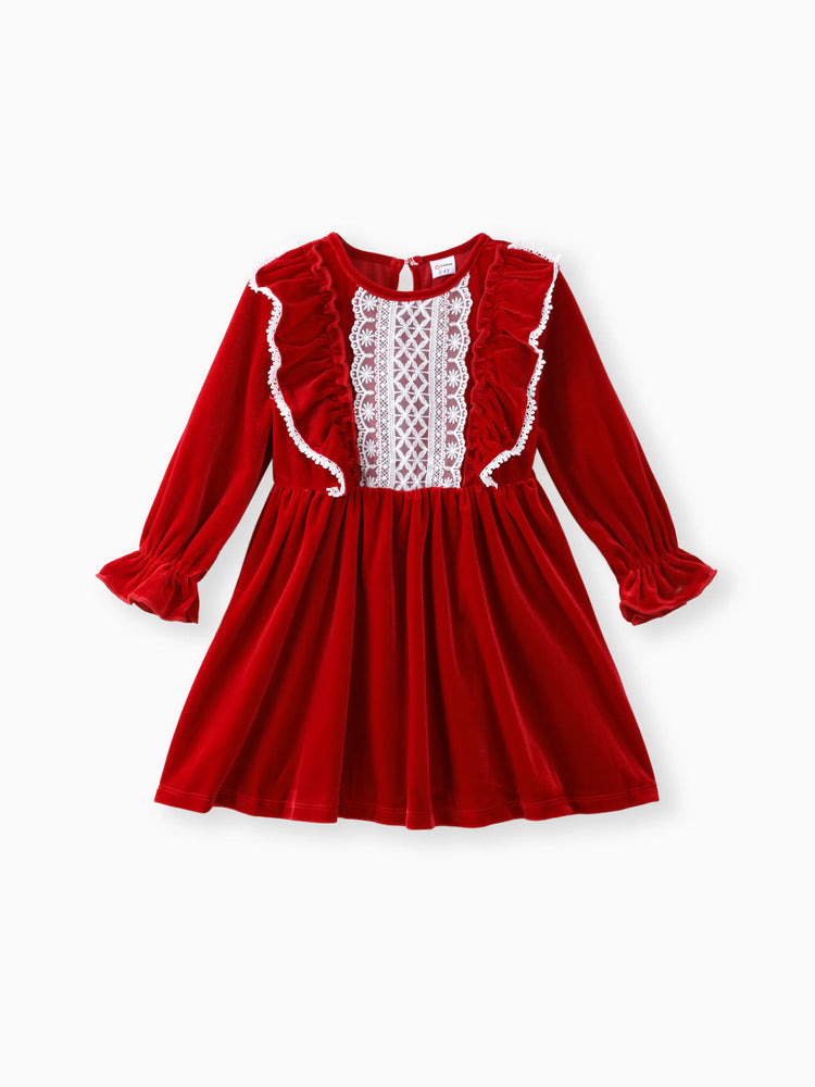 Robe de Noël à volants pour petite fille, couleur unie, rouge