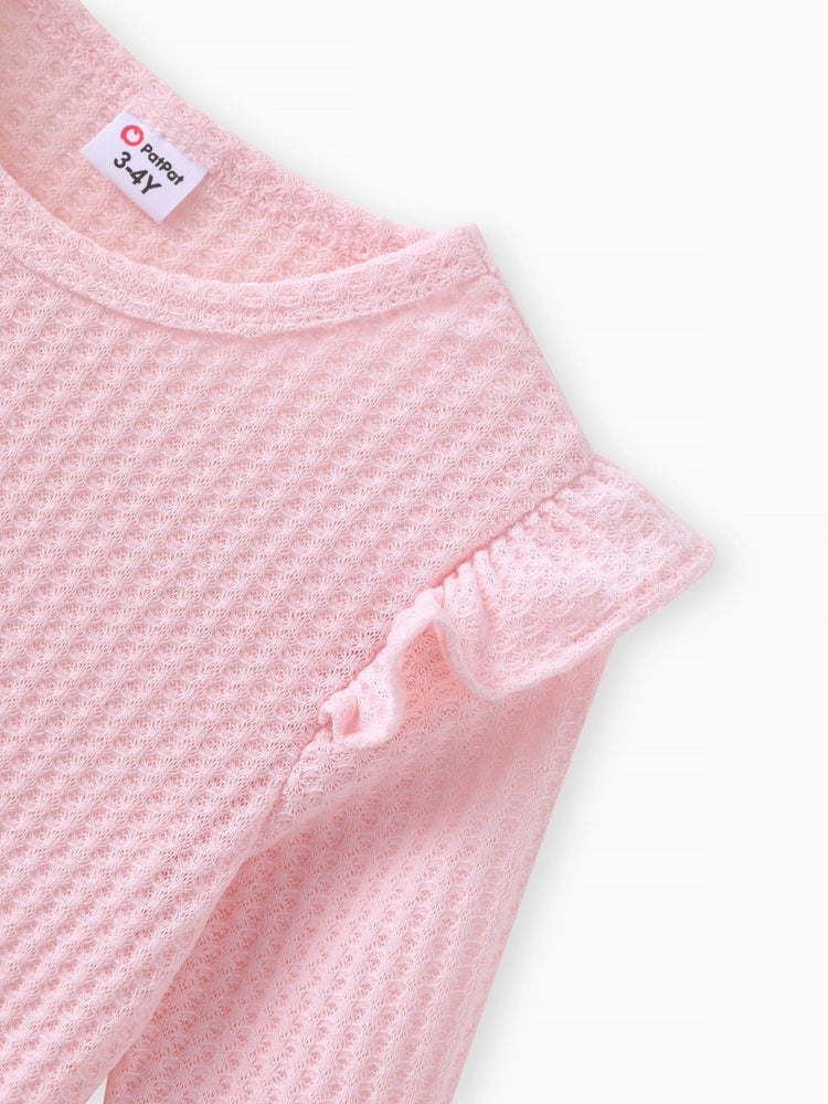 2-teiliges Set aus gerafftem, strukturiertem Langarm-Oberteil für Kleinkinder und einfarbiger Hose rosa