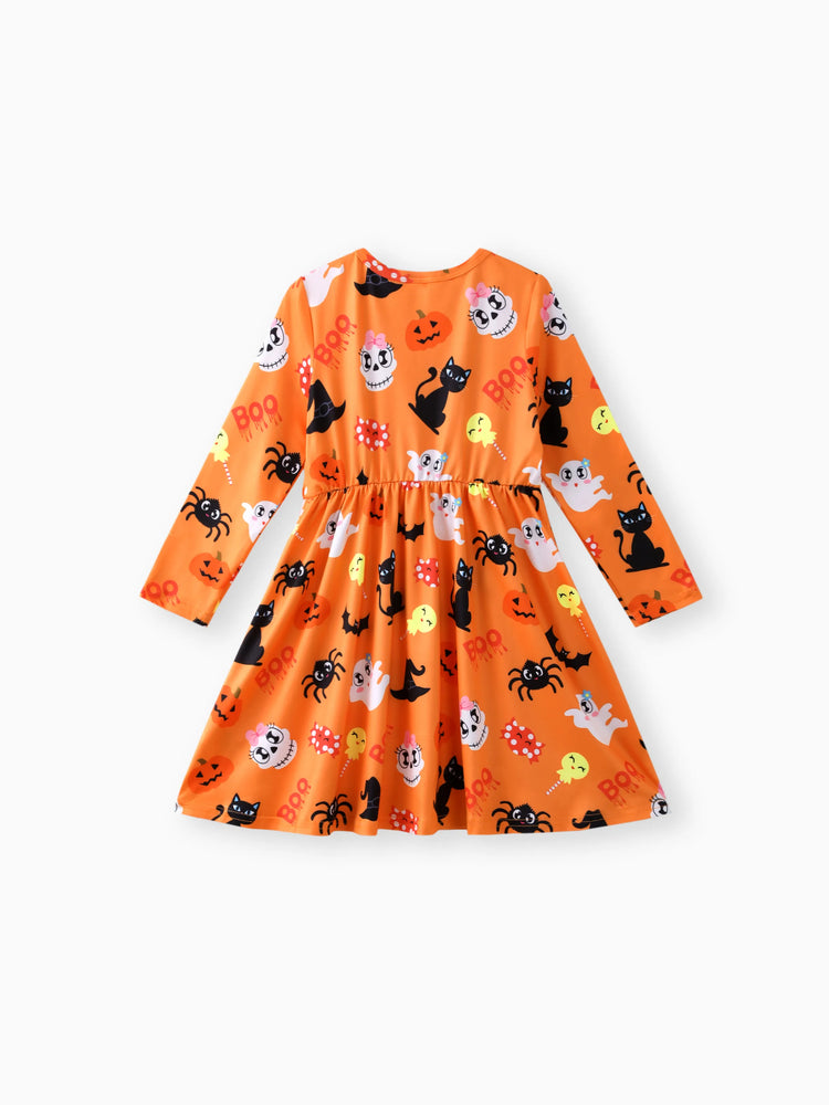 Robe à manches longues orange à imprimé fantôme d'Halloween pour petite fille