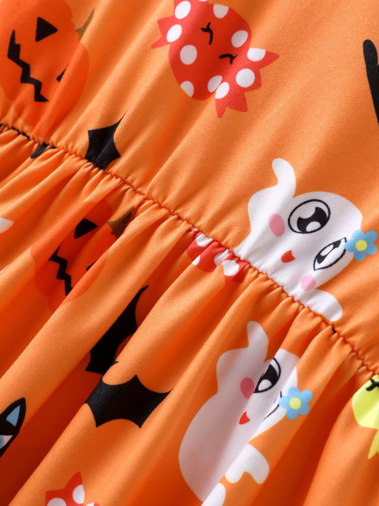 Robe à manches longues orange à imprimé fantôme d'Halloween pour petite fille