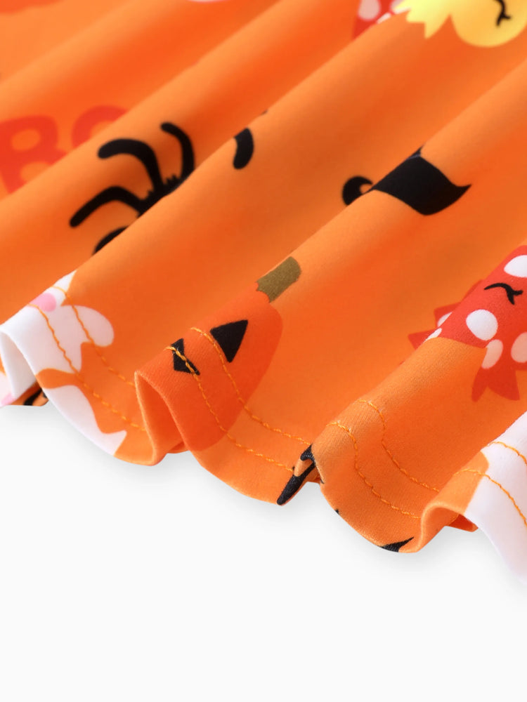 Robe à manches longues orange à imprimé fantôme d'Halloween pour petite fille