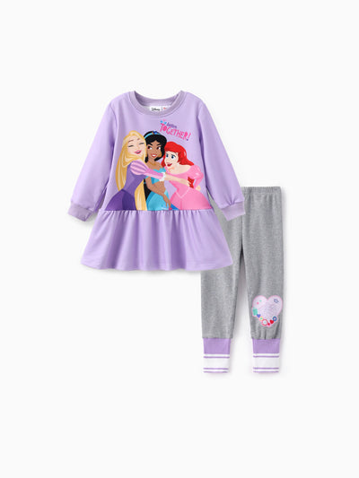 Disney Princess Toddler Girl Ariel/Jasmine/Rapunzel 2pcs Together Long-sleeve Ruffle-hem Top with Cotton Leggings Set Purple