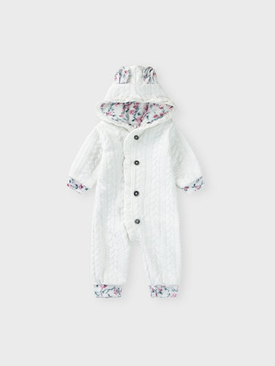Combinaison bébé fille style ours 3D à capuche et doublure épaisse, blanche