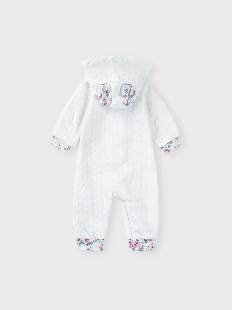 Baby Girl Bear Style 3D Ear Hooded Thickened Lined Jumpsuit White
