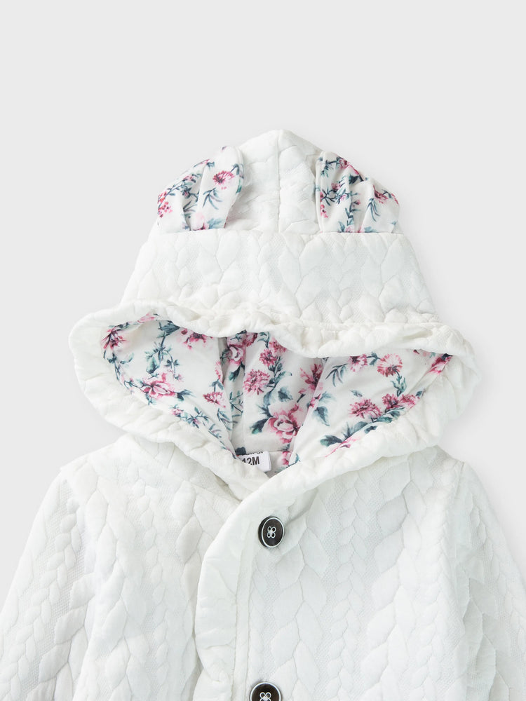 Baby Girl Bear Style 3D Ear Hooded Thickened Lined Jumpsuit White