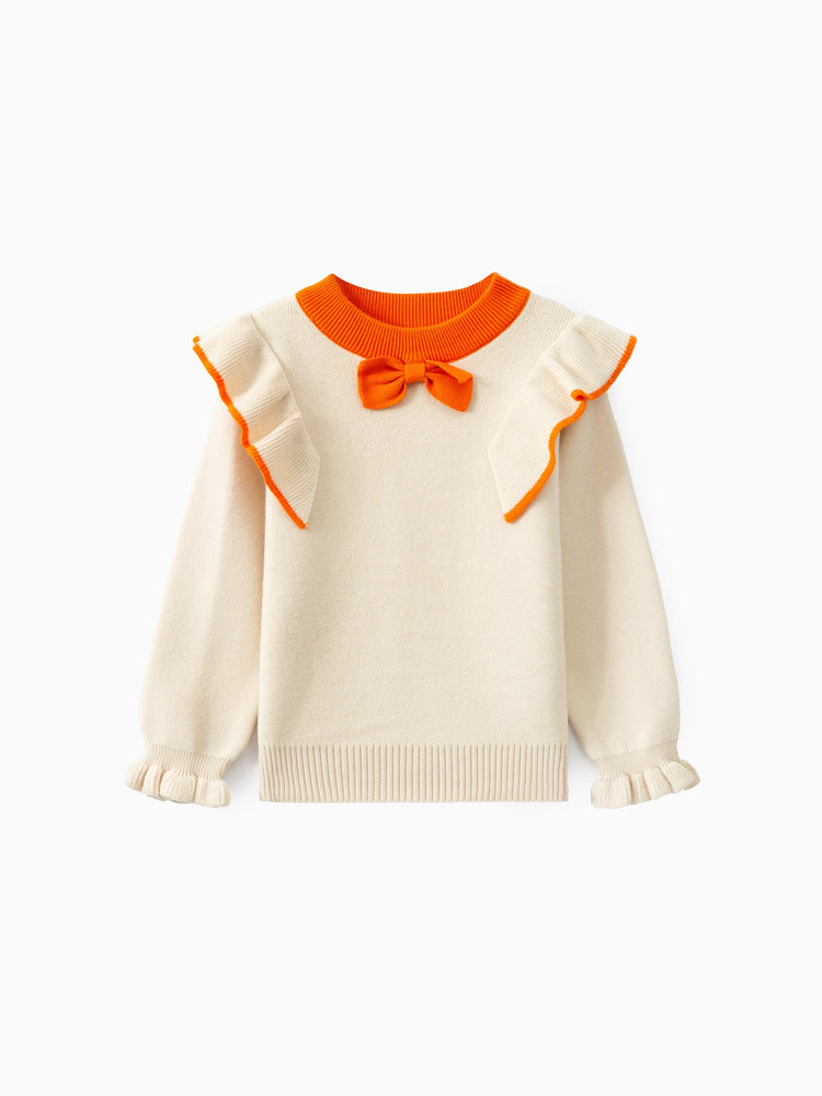 Ensemble 2 pièces pour petite fille avec pull tricoté à volants et jupe plissée, orange