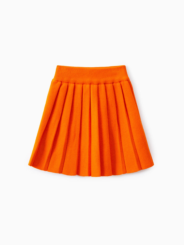 Ensemble 2 pièces pour petite fille avec pull tricoté à volants et jupe plissée, orange