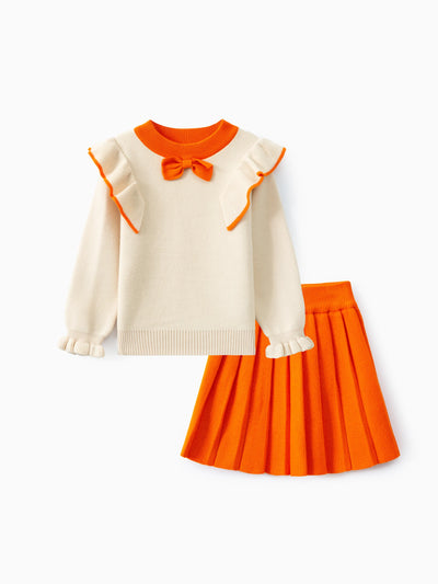 Ensemble 2 pièces pour petite fille avec pull tricoté à volants et jupe plissée, orange