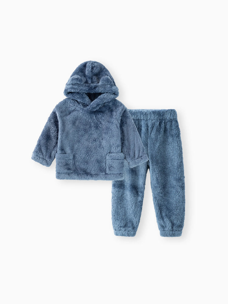 Toddler Girl/Boy 2pcs Bear Style Ear Design Fleece Hoodie Sweatshirt and Pants Set Blue