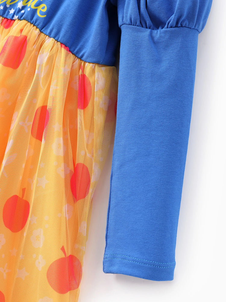 Robe à manches bouffantes à imprimé floral et pomme Blanche-Neige pour petite fille, Disney Princess, 1 pièce, bleu