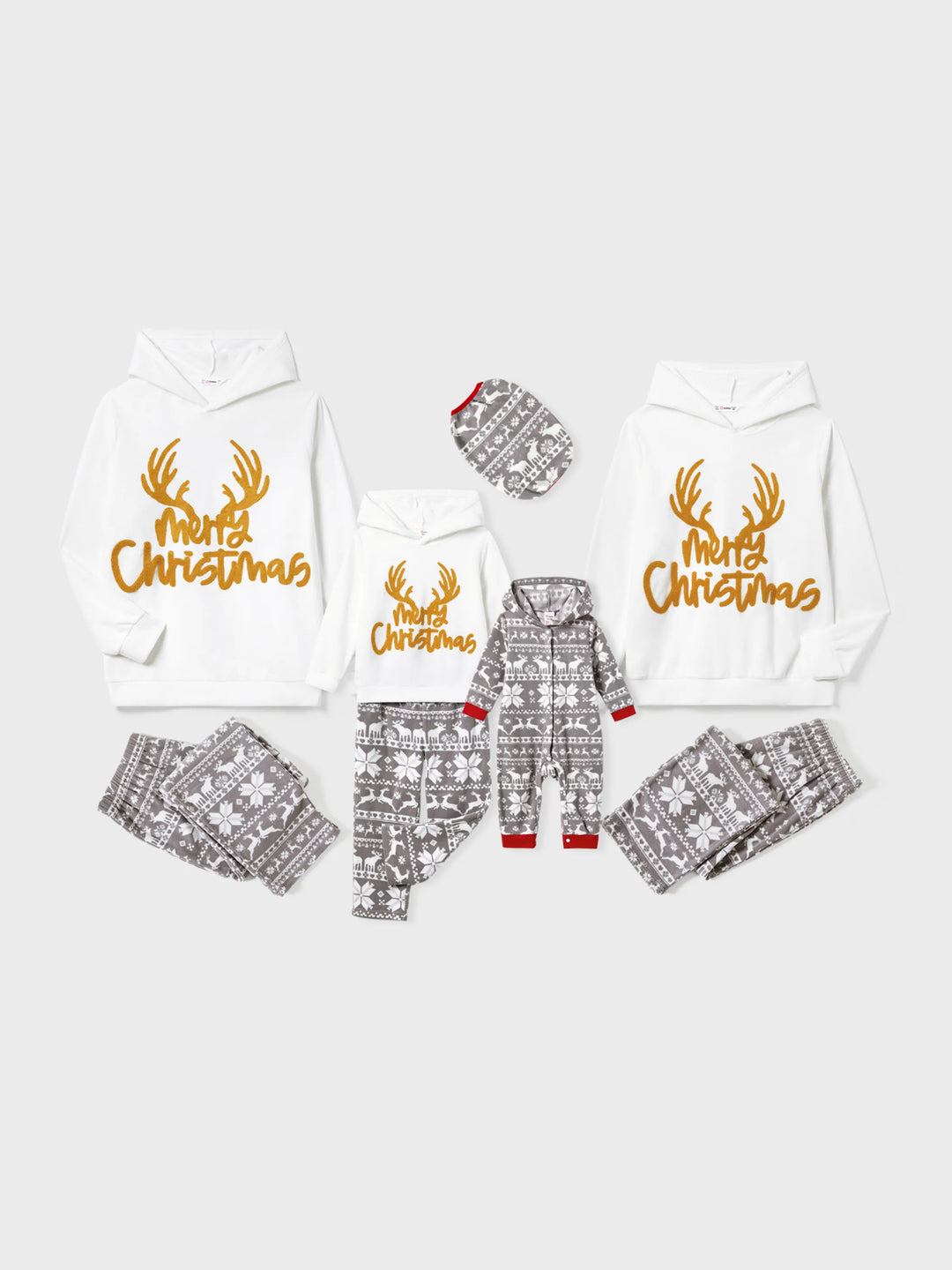 Weihnachtliche Familienpartner-Lettering Bestickte Langarm-Kapuzen-Fleece-Pyjama-Sets mit Weihnachtssocken Weiß