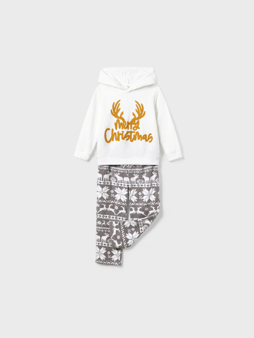 Weihnachtliche Familienpartner-Lettering Bestickte Langarm-Kapuzen-Fleece-Pyjama-Sets mit Weihnachtssocken Weiß