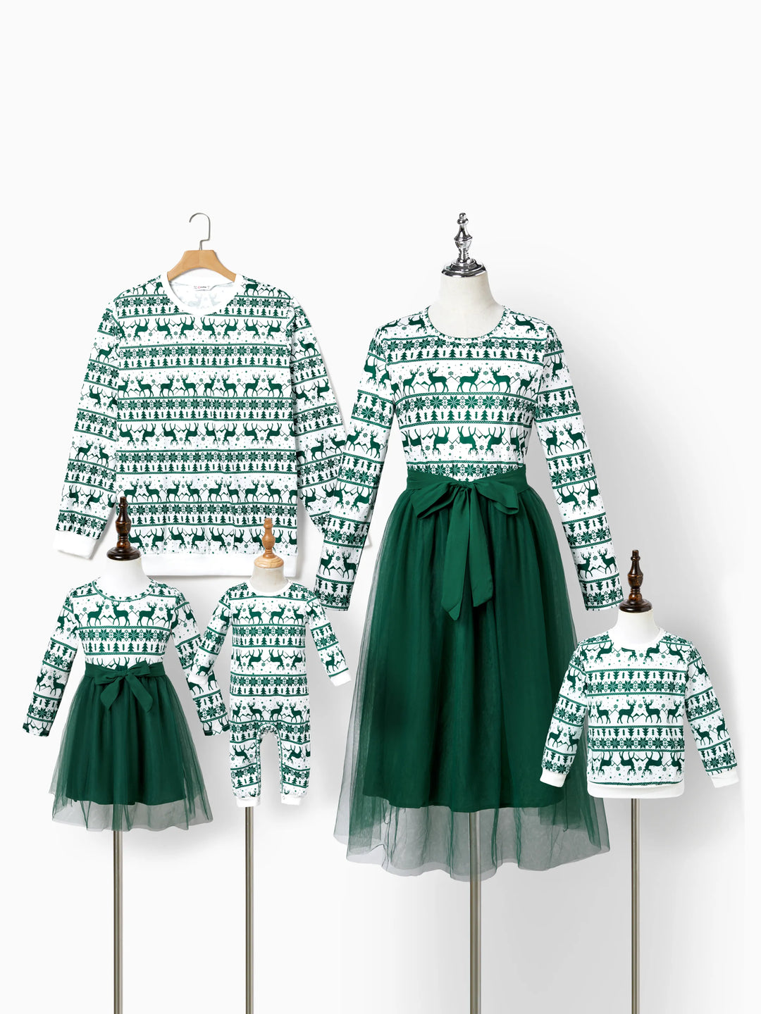 Weihnachten Familie Passende Grün Festival Thema Print Tops und Mesh Splicing Kleider Sets grün