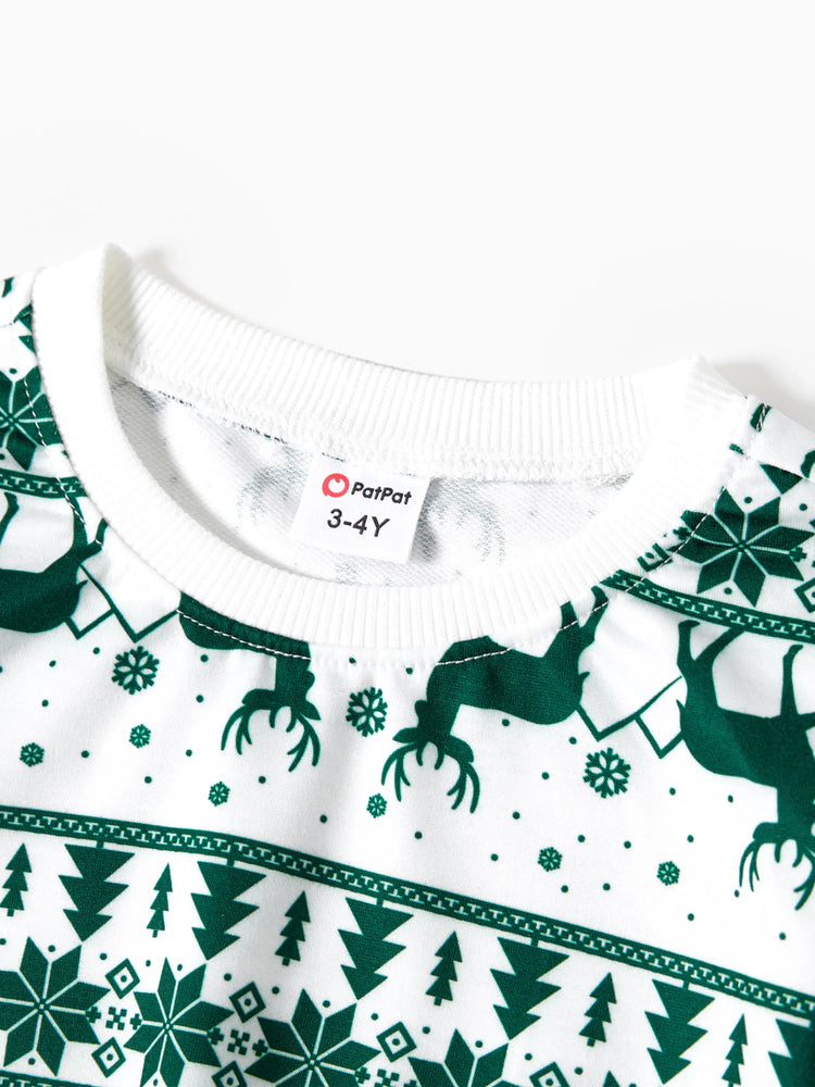 Christmas Family Matching Green Festival Theme Print Tops and Mesh Splicing Dresses Sets Green