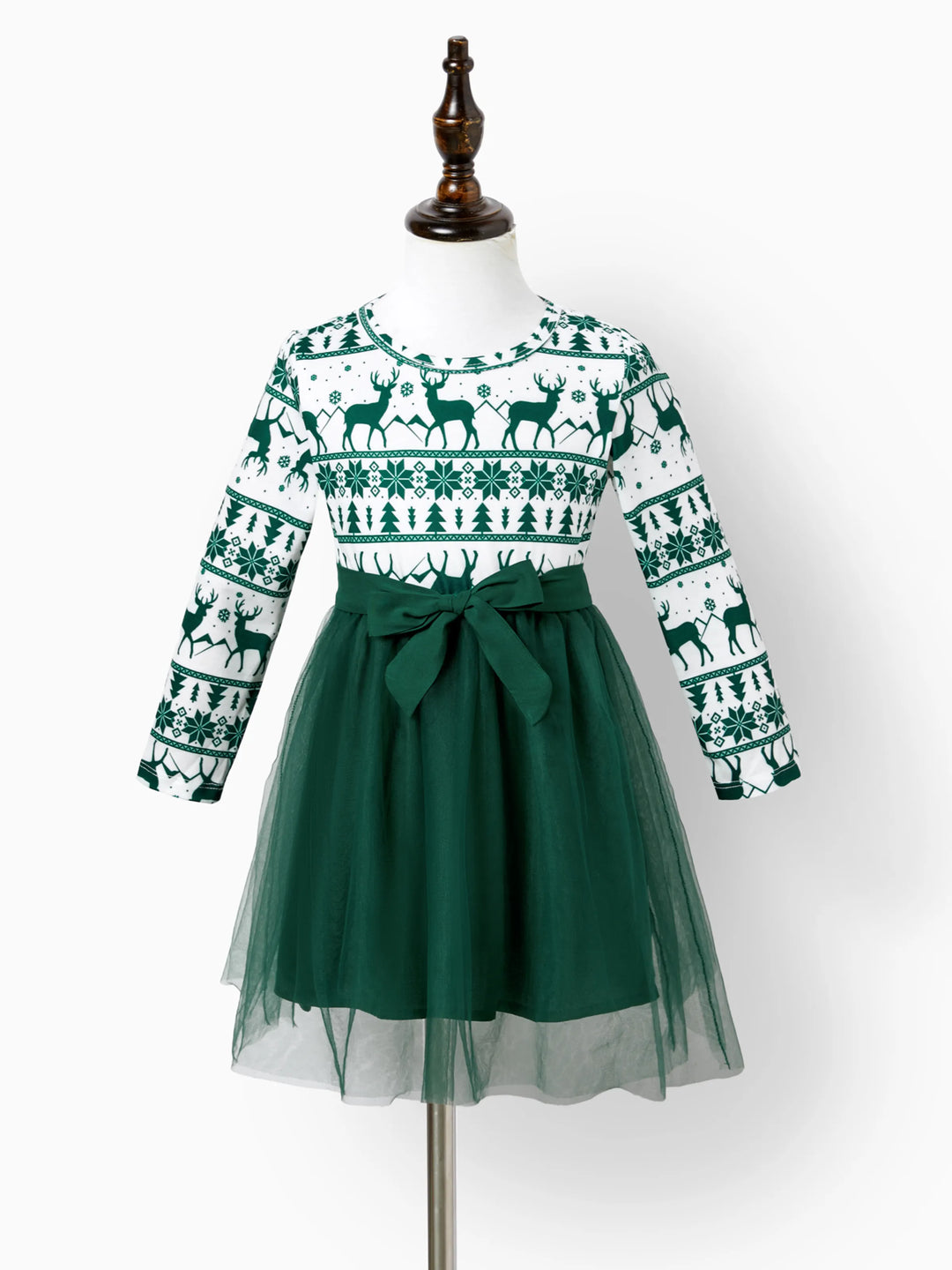 Weihnachten Familie Passende Grün Festival Thema Print Tops und Mesh Splicing Kleider Sets grün