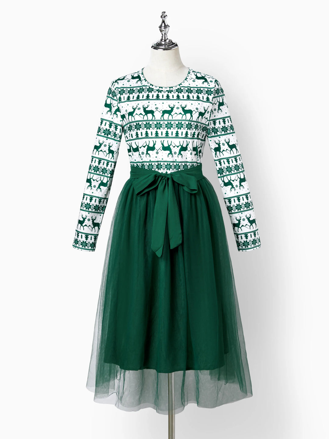 Weihnachten Familie Passende Grün Festival Thema Print Tops und Mesh Splicing Kleider Sets grün