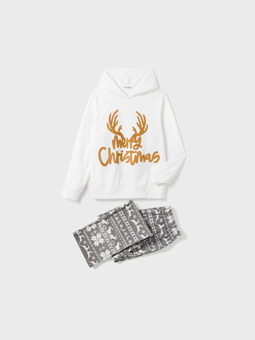 Weihnachtliche Familienpartner-Lettering Bestickte Langarm-Kapuzen-Fleece-Pyjama-Sets mit Weihnachtssocken Weiß