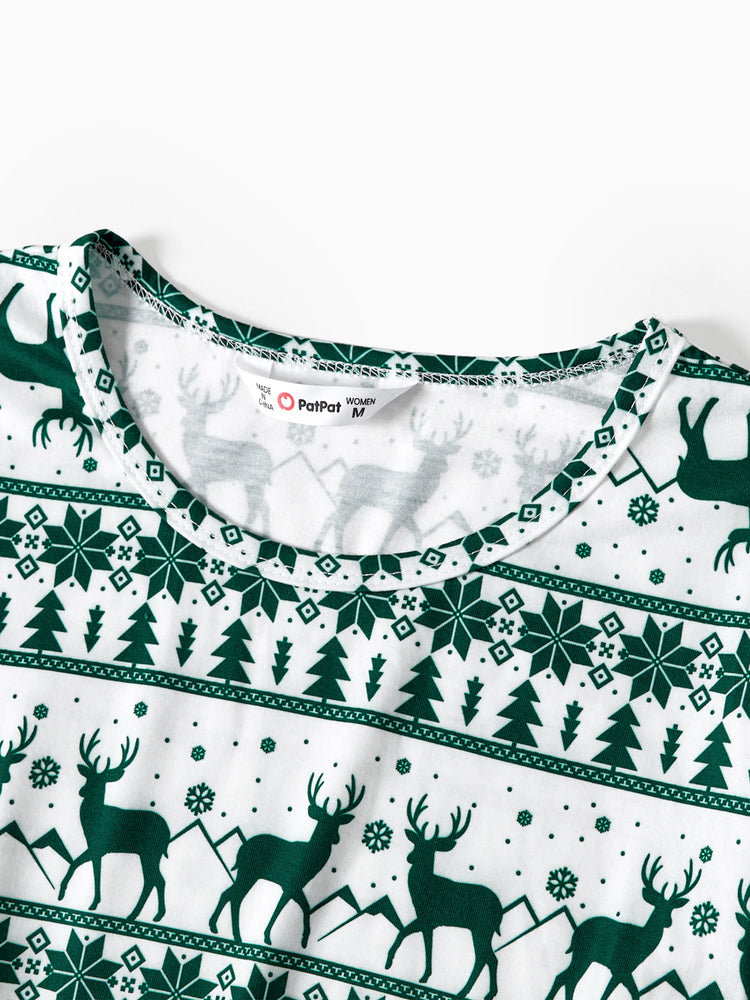 Christmas Family Matching Green Festival Theme Print Tops and Mesh Splicing Dresses Sets Green