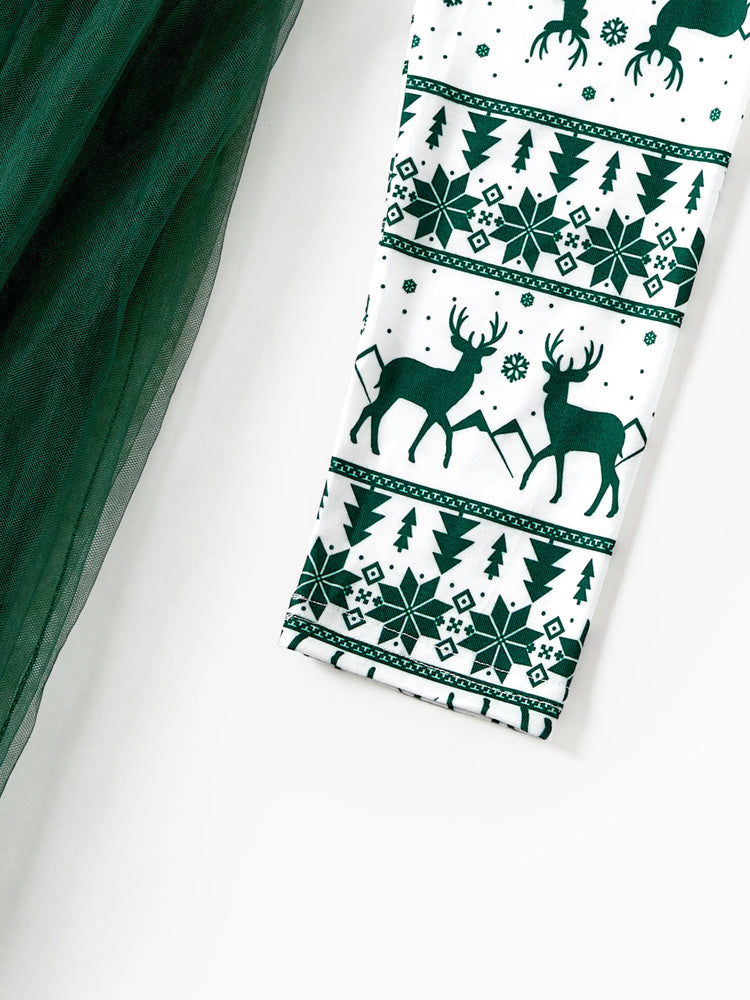 Christmas Family Matching Green Festival Theme Print Tops and Mesh Splicing Dresses Sets Green