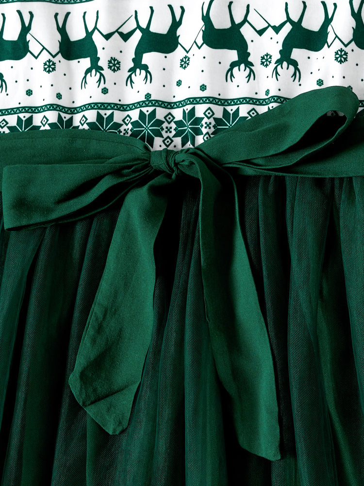 Christmas Family Matching Green Festival Theme Print Tops and Mesh Splicing Dresses Sets Green