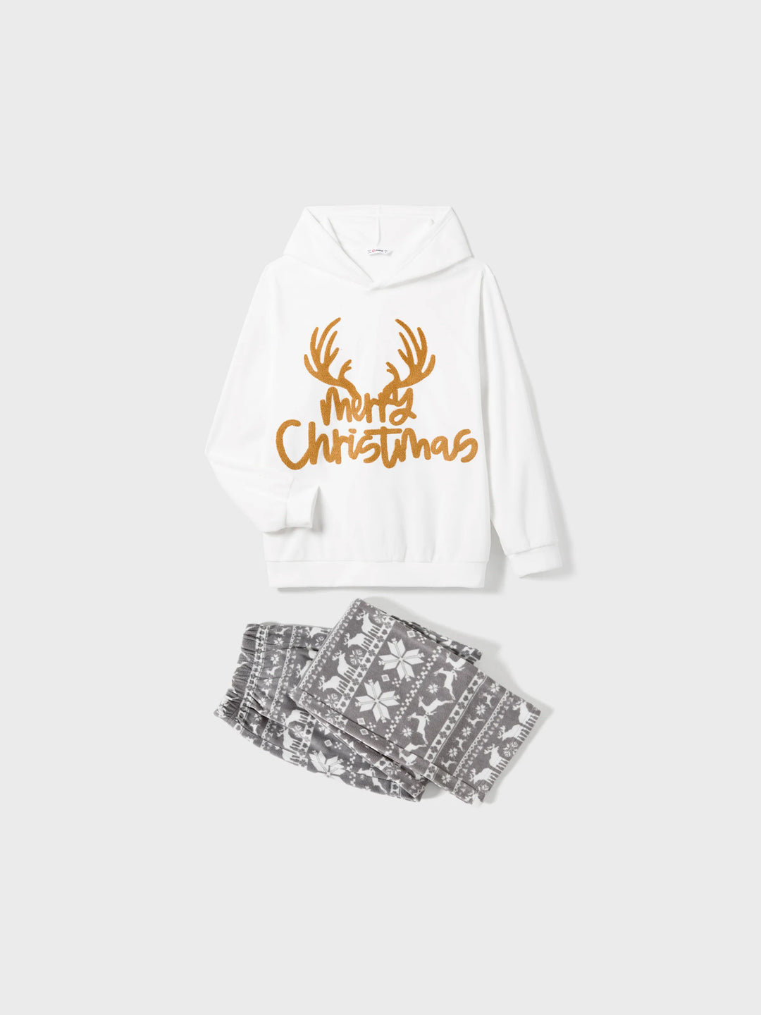 Weihnachtliche Familienpartner-Lettering Bestickte Langarm-Kapuzen-Fleece-Pyjama-Sets mit Weihnachtssocken Weiß