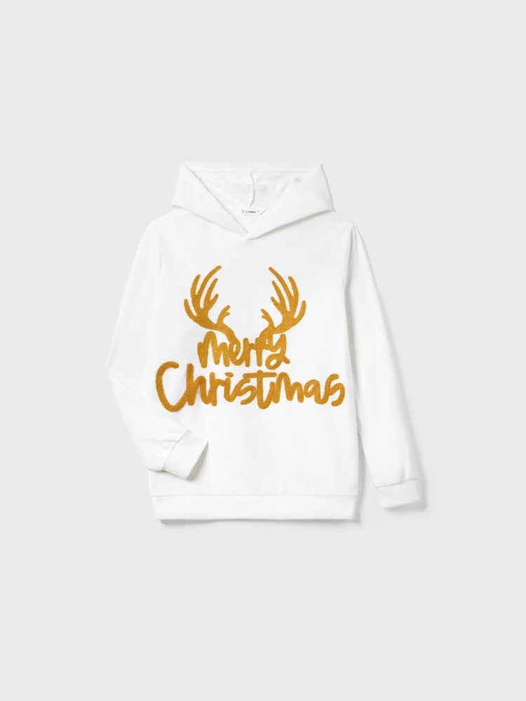 Ensemble pyjama de Noël familial assorti avec lettres brodées, manches longues, capuche et chaussettes de Noël blanches