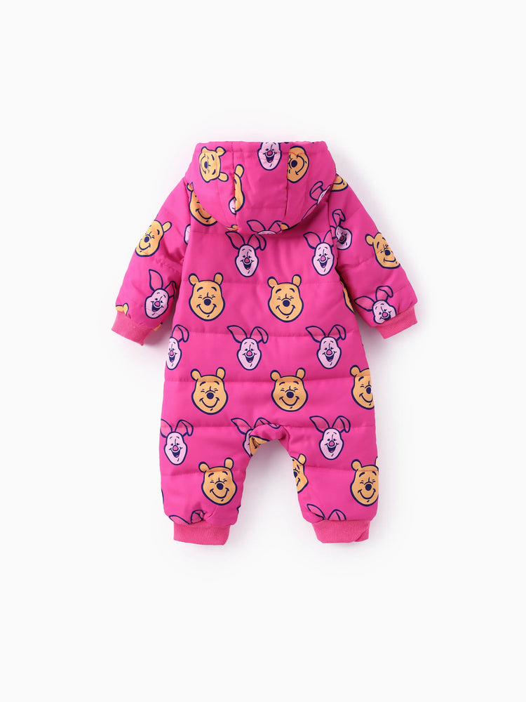 Combinaison épaisse à capuche et manches longues pour bébé fille Disney Winnie l'ourson, imprimé intégral, fermeture éclair, Roseo