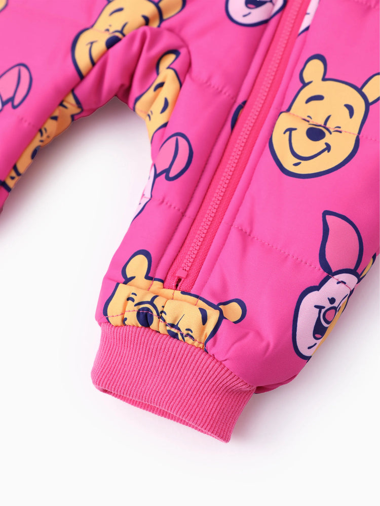 Combinaison épaisse à capuche et manches longues pour bébé fille Disney Winnie l'ourson, imprimé intégral, fermeture éclair, Roseo