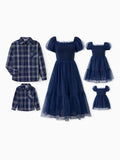 Ensembles familiaux assortis : chemise à manches longues à carreaux ou robe élégante en tulle à manches bouffantes et corsage froncé bleu roi