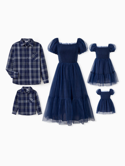 Ensembles familiaux assortis : chemise à manches longues à carreaux ou robe élégante en tulle à manches bouffantes et corsage froncé bleu roi