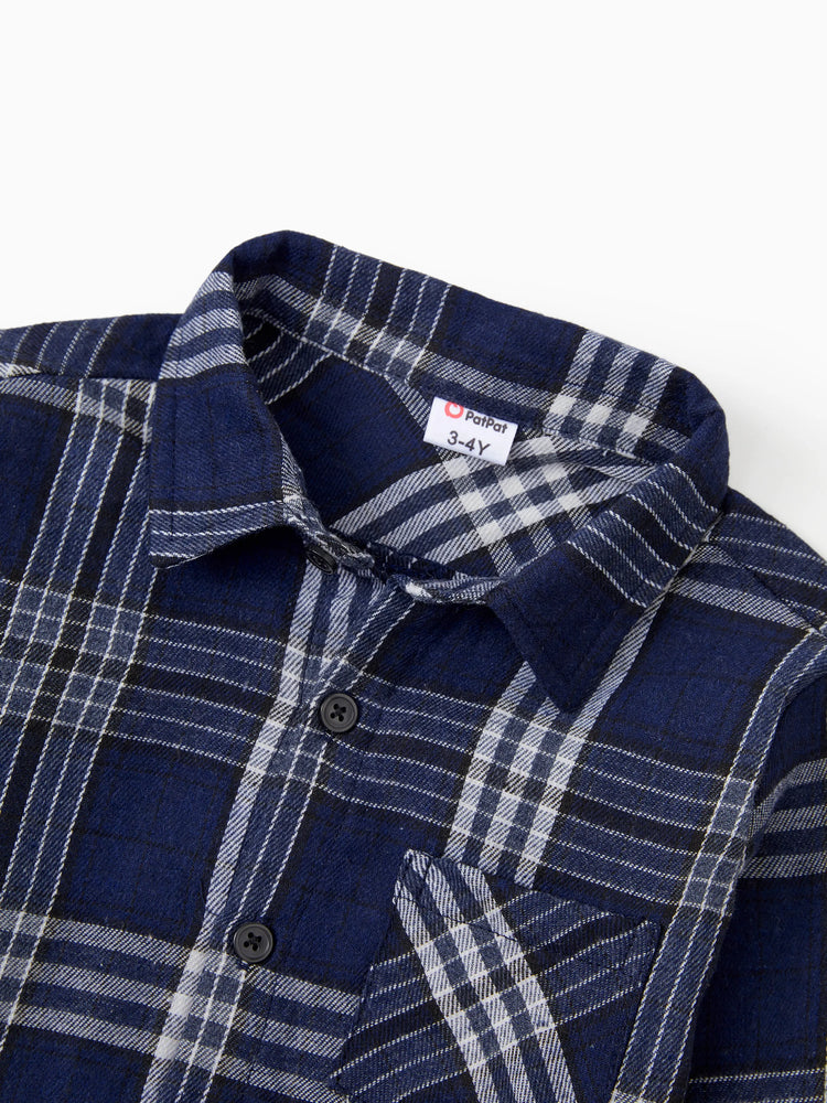 Ensembles familiaux assortis : chemise à manches longues à carreaux ou robe élégante en tulle à manches bouffantes et corsage froncé bleu roi