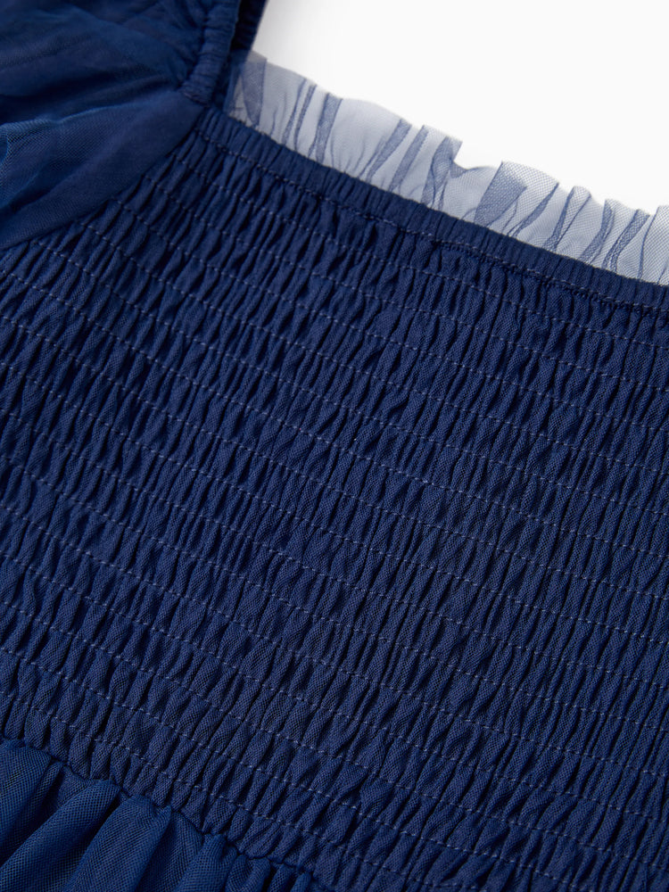 Ensembles familiaux assortis : chemise à manches longues à carreaux ou robe élégante en tulle à manches bouffantes et corsage froncé bleu roi