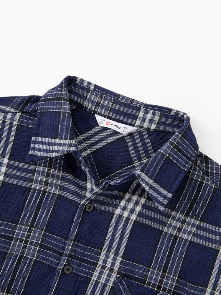 Ensembles familiaux assortis : chemise à manches longues à carreaux ou robe élégante en tulle à manches bouffantes et corsage froncé bleu roi