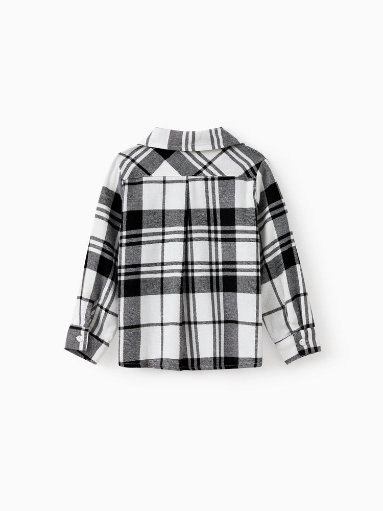 Ensembles familiaux assortis : chemise à carreaux noire ou robe élégante en tulle à épaules dénudées et croisée sur le devant