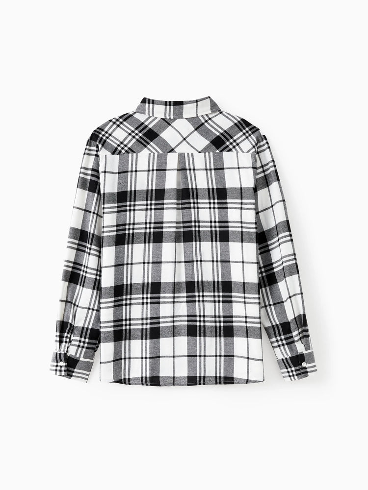 Ensembles familiaux assortis : chemise à carreaux noire ou robe élégante en tulle à épaules dénudées et croisée sur le devant