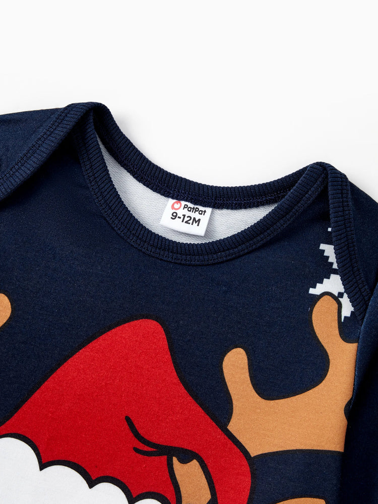 Haut à manches longues bleu foncé pour la famille, motif renne et flocon de neige