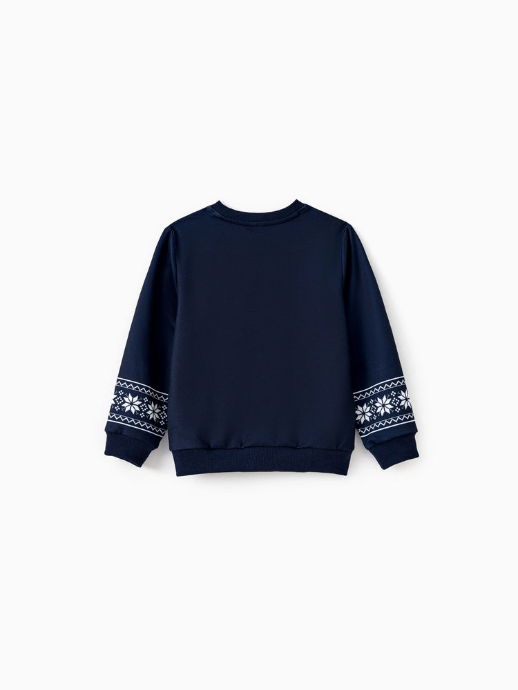Haut à manches longues bleu foncé pour la famille, motif renne et flocon de neige