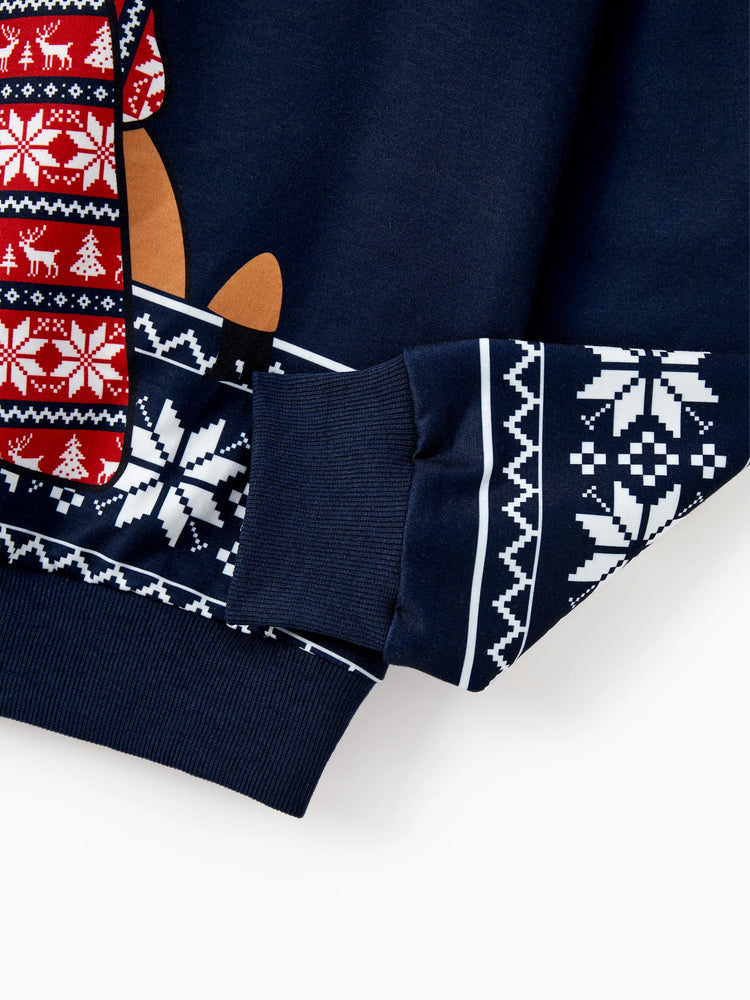 Haut à manches longues bleu foncé pour la famille, motif renne et flocon de neige