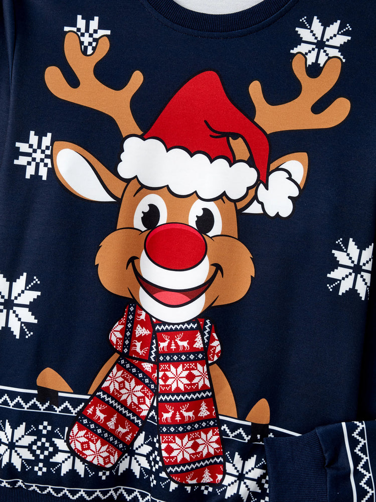 Haut à manches longues bleu foncé pour la famille, motif renne et flocon de neige