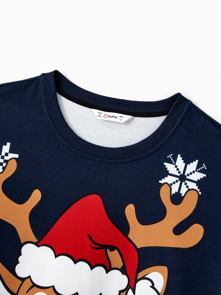 Haut à manches longues bleu foncé pour la famille, motif renne et flocon de neige