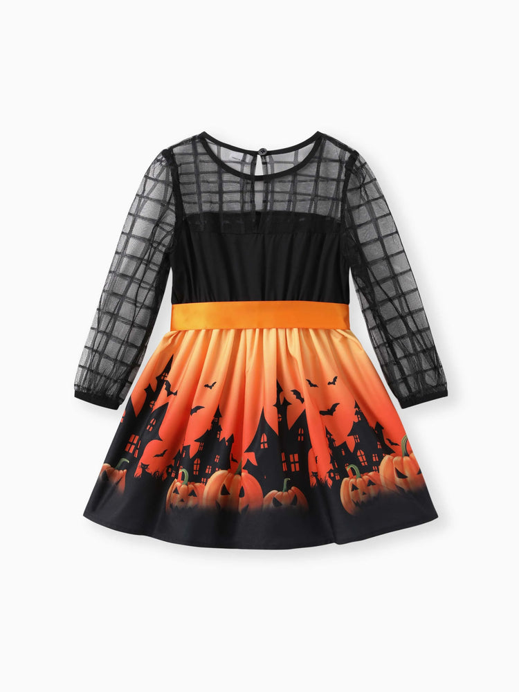 Robe en maille à imprimé citrouille d'Halloween pour petite fille/enfant Bloc de couleurs