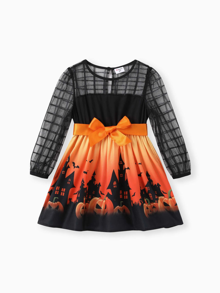 Robe en maille à imprimé citrouille d'Halloween pour petite fille/enfant Bloc de couleurs