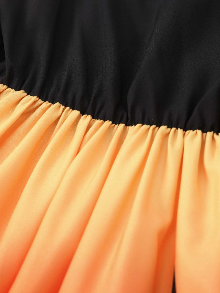 Robe en maille à imprimé citrouille d'Halloween pour petite fille/enfant Bloc de couleurs