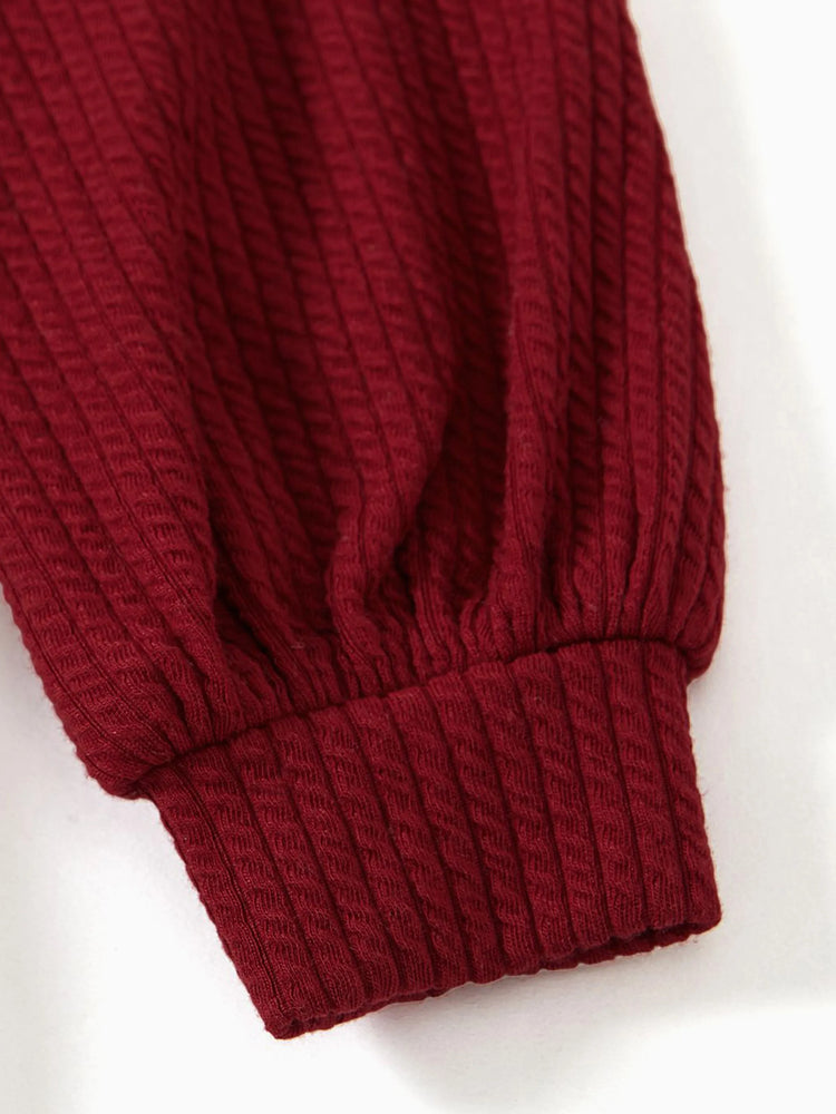 Family Matching Solid Ribbed Spliced Plaid Belted Dresses and Long-sleeve Button Up Shirts Sets MAROON