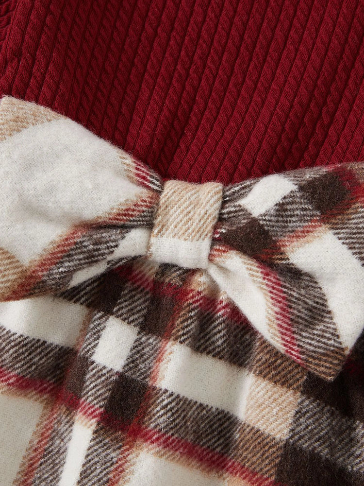 Family Matching Solid Ribbed Spliced Plaid Belted Dresses and Long-sleeve Button Up Shirts Sets MAROON